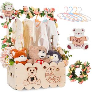 Wooden Baby Shower Crate Closet with Handle, Baby Shower Basket Bear Crate Box, Newborn Boy Girl Welcome Gift Basket,Easy Assembly Baby Baskets for Baby Shower (Small)