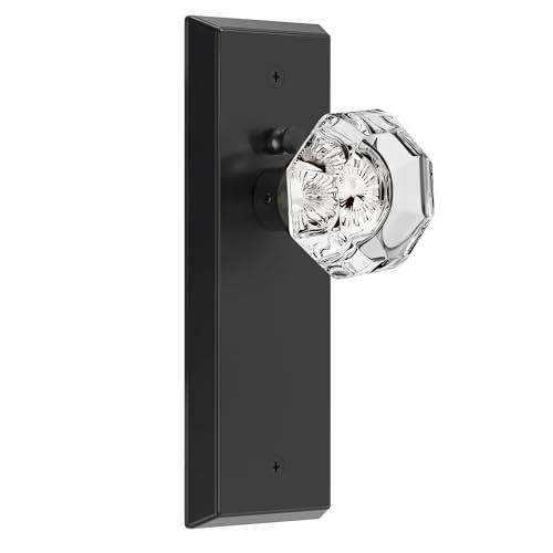 CEYMIO Glass Door Knobs for Interior Doors - Vintage Crystal Privacy Bedroom & Bathroom Door Knob with Lock - Diamond Cut Door Handle - Matte Black Finish (1 Pack 7 Inch Height)