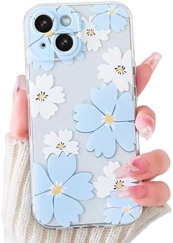 Lovmooful Compatible for iPhone 15 Plus Case Cute Clear Flower Floral Color Design for Girls Women Soft TPU Shockproof Protective Girly for iPhone 15 Plus-Blue&White Flower