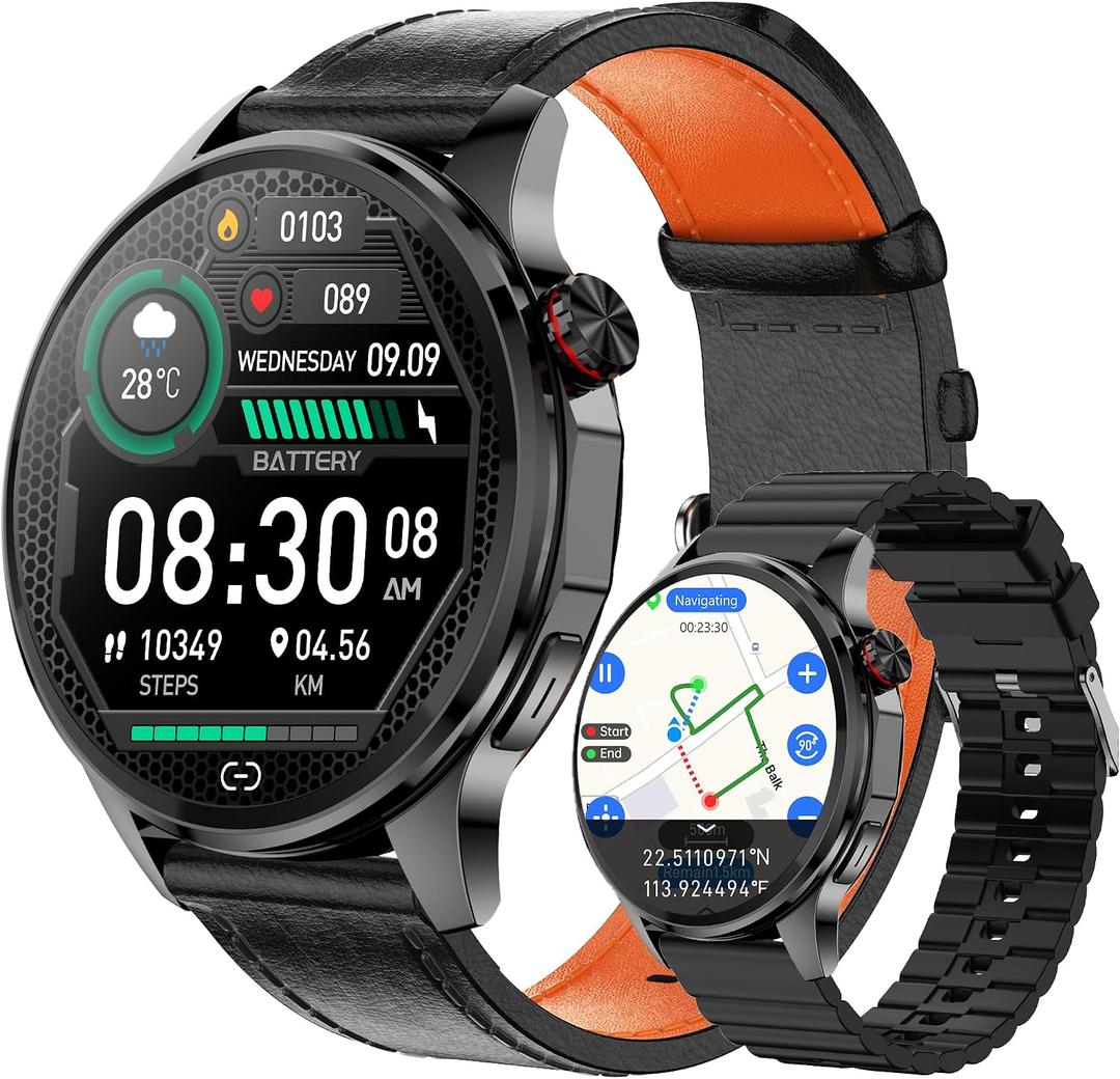 Smart Watch for Men with GPS Offline Maps, 1.46"AI Smartwatch, BT Call/Text Reply, Heart Rate/ Sleep Monitor/Health Analysis, 100+ Sports, 5ATM Waterproof Fitness Tracker for Android iOS 2 Bands