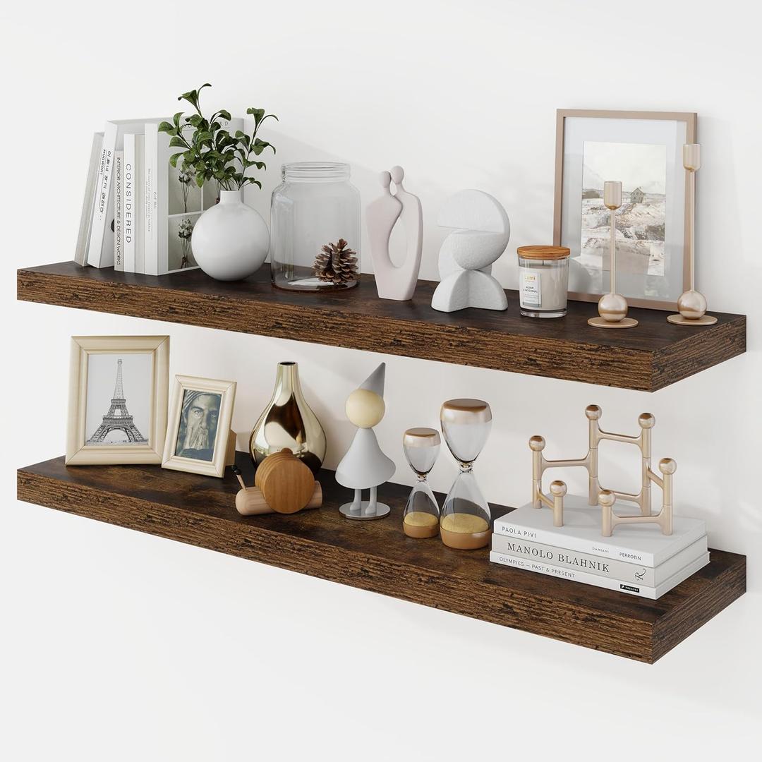 36 Inch Floating Shelves, 9.3" Deep Floating Shelf Wall Mounted, 36" Wall Shelves, Rustic Deep Bookshelf, Large Display Shelves & Storage Shelves for Bedroom, Living Room, Brown, Set of 2