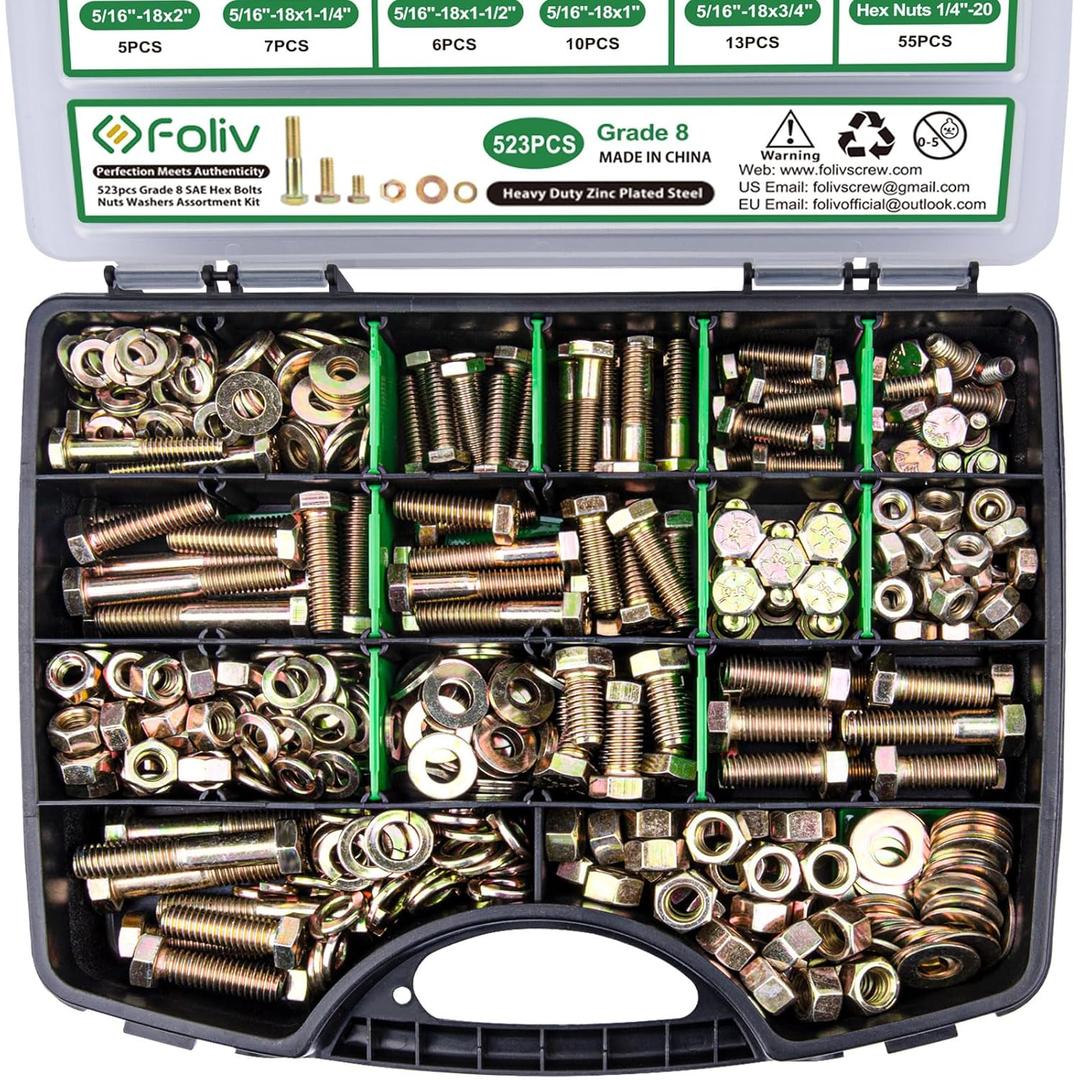 FOLIV 523PCS Grade 8 Bolts and Nuts Assortment Kit, Heavy Duty Nut and Bolt Assortment, 1/4-20 5/16-18 3/8-16 SAE Hex Bolts, Length from 1/2" to 1-1/2"