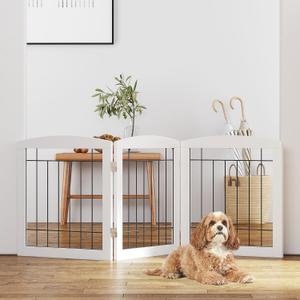 PAWLAND Free Standing Dog Gates for The House Stairs Doorways Indoor Foldable Wooden Small White Puppy Pet Gate Step Over Fence 60" W 24" H 3 Panels (3 Panels60"W x 24"H)