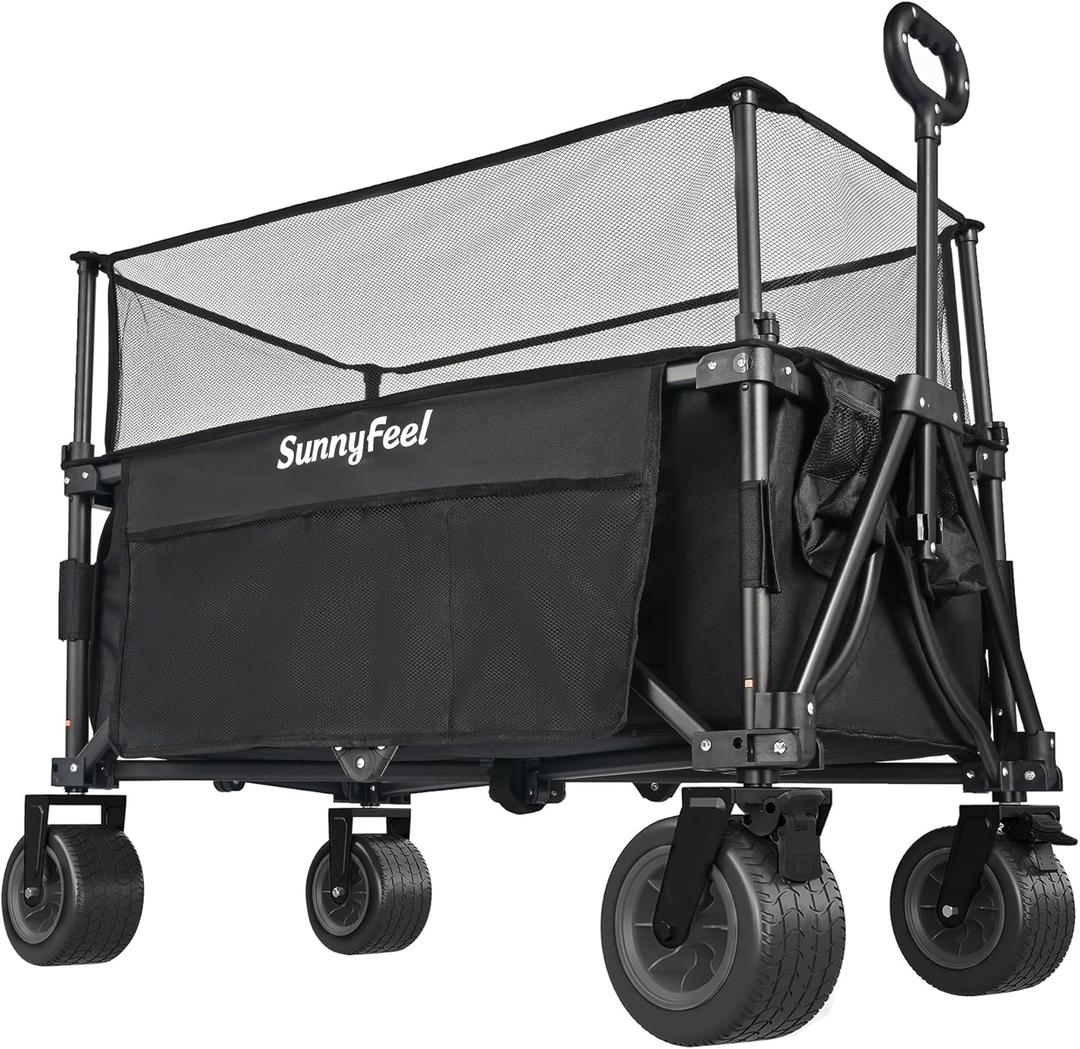 SunnyFeel Heavy Duty Collapsible Outdoor Utility Wagon Cart 500LB Capacity Adjustable Handlebar,Foldable Beach Wheels Stable Durable Oxford Fabric for Shopping Garden Camping (Black, Tall Version)
