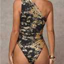 WDIRARA Women's Tie Dye Mesh One Shoulder Bodysuit Metallic Sleeveless Asymmetrical Tank Body Suits (Large)