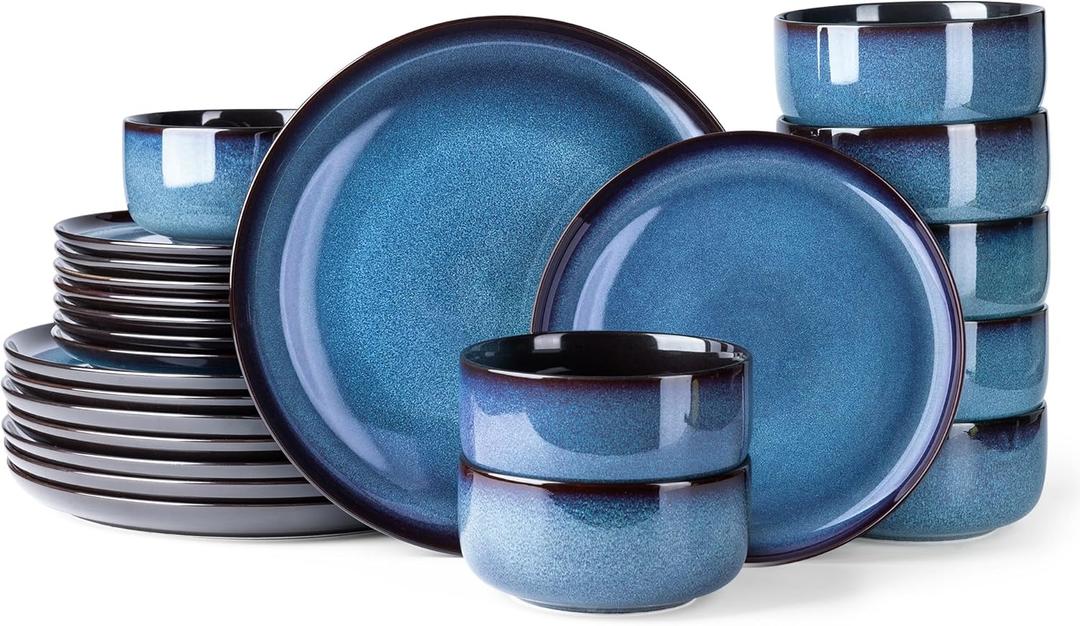 LERATIO Ceramic Dinnerware Sets for 8, Stoneware Plates and Bowls Sets, Reactive Glaze Dishes Set, Highly Chip and Crack Resistant | Dishwasher & Microwave & Oven Safe Dishes set, Service for 8-Blue(24pc)