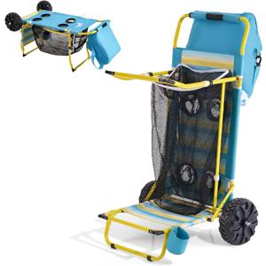 2-in-1 Beach Cart with Big Wheels for Sand | Folding Utility Wagon with Chair Holder, Cooler Bag, Mesh Storage, 4 Cup Holders, Umbrella Rack, Supports 100 lbs