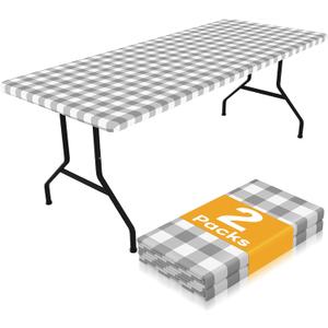 Smiry Picnic Table Cloth 2 Pack, Waterproof Elastic Fitted Tablecloths for 6FT Rectangle Tables, Washable Polyester Buffalo Plaid Tablecloth for Camping, Dining & Outdoor (Grey & White, 30" x 72")