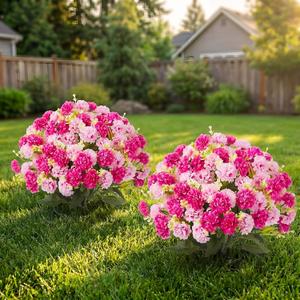 Suncalla 2 Set Magenta Pink Artificial Topiary Ball Trees with Hydrangea Flower, 19.7" UV Resistant Outdoor Artificial Plants with Ground Spike for Planter Front Door Home Indoor Porch Patio Decor