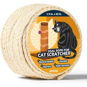 Pelzin Natural Sisal Rope for Cat Scratcher - 1/4 Inch by 50 Feet, Cat Tree Rope Twine for Scratching Post Replacement, Repairing, Recovering and DIY, White