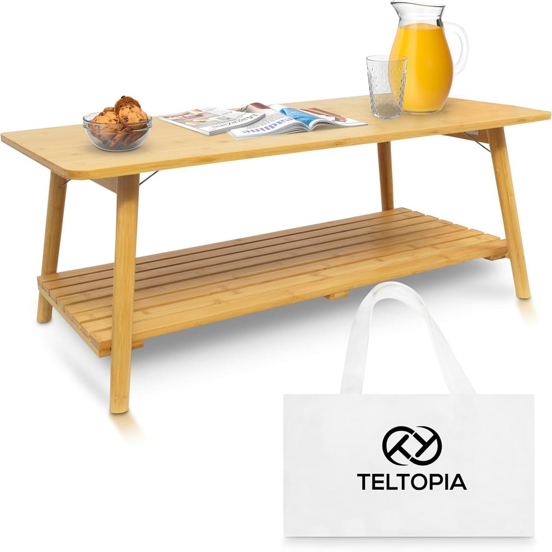 TelTopia Compact Folding Coffee Table Foldable Collapsible Bamboo Table for Small Living Rooms, Apartments & Dorms Portable with Removable Shelf & Bag, 38.5"D x 19.75"W x 15.25"H
