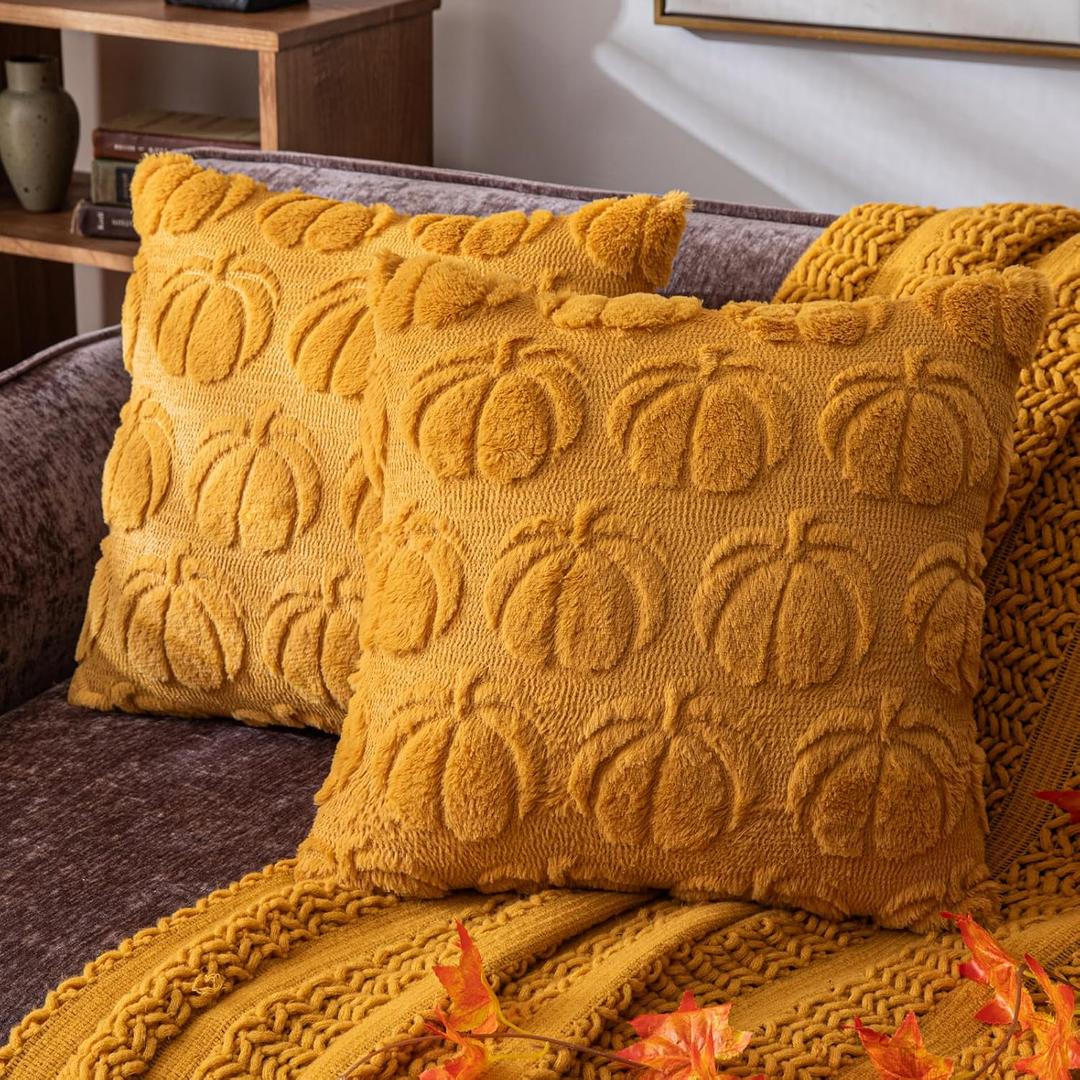 2 x Pumpkin Fall Decorative Throw Pillow Covers 18"x18", Set of 2 Mustard Yellow Soft Faux Fur Pillow Covers for Autumn Harvest, Fluffy Plush Accent Pillow Cases for Farmhouse Halloween Decor