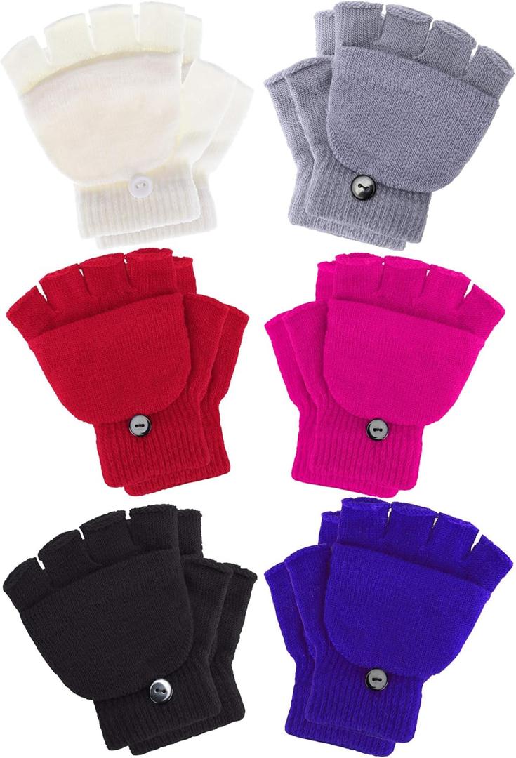 Boao 6 Pairs Kids Winter Convertible Fingerless Gloves Knitted Mitten Warm Gloves with Cover for Kids and Teens (4-11 Years)