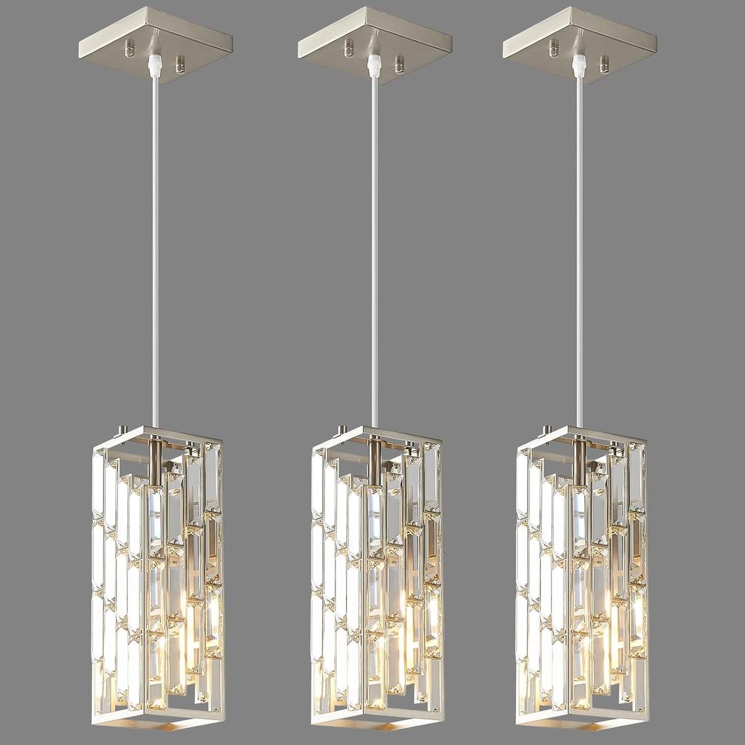 Brushed Nickel Pendant Lighting Modern Pendant Light, Mini Crystal Chandeliers, Adjustable Pendant Light Fixture for Kitchen Island Dinning Room Bedroom (3 Pack)