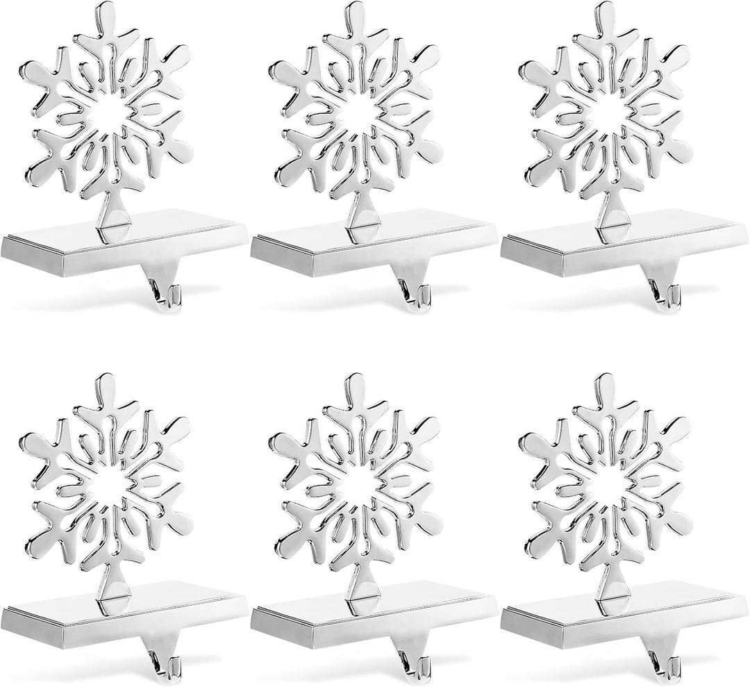 Jetec Set of 6 Christmas Stocking Holders for Mantle Silver Metal Snowflake Snowman Santa Reindeer Christmas Hooks Hangers for Mantel Fireplace Xmas Party and Home Decoration(Snowflake)