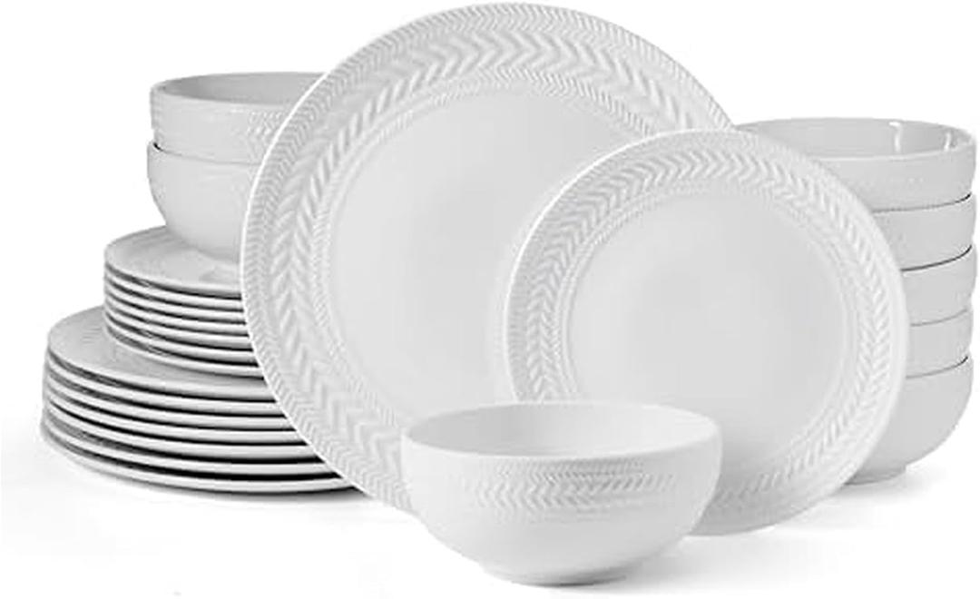 Pfaltzgraff Josephine 24-Piece Dinnerware Set, Porcelain Dish Set with Embossed Basket Weave Design, Service for 8, White Plates and Bowls Sets, Microwave and Dishwasher Safe