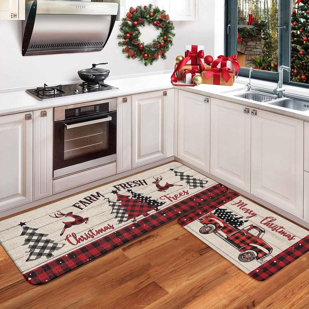 Christmas Kitchen Rugs Set of 2 Plush Velvet Mats Xmas Floor Decor for Holiday Home Non Slip Kitchen Bathroom Rugs 16x24+16x48 Inch (Christmas Deer)