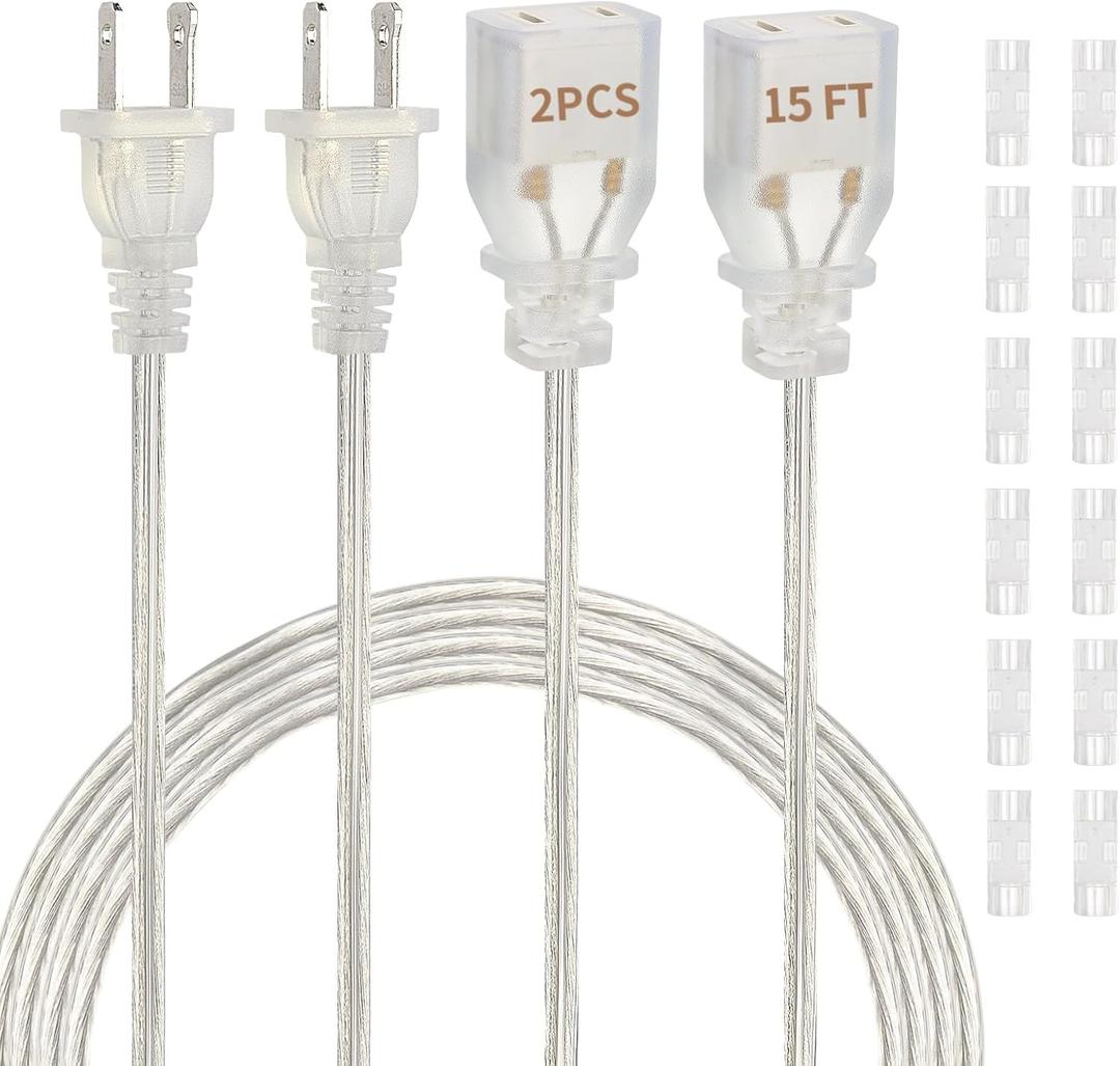 2 Pack 15 Ft Clear Extension Cord, UL-Certified Thin Extension Cord, 2 Prong Extension Cords, Male to Female Extension Cable 250V 10A, Indoor Extension Cords for Lighting