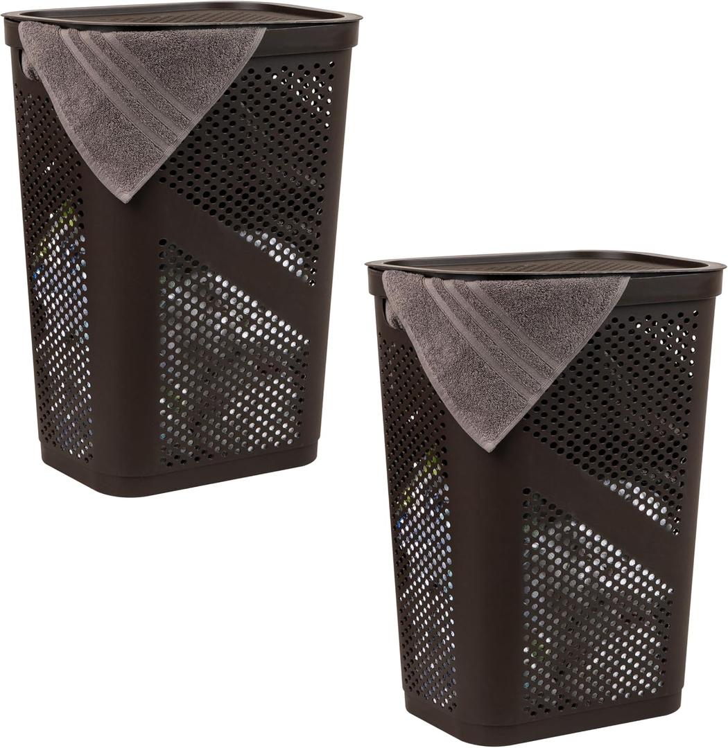 Mind Reader 60L Slim Laundry Hamper, Clothes Basket, Lid, Ventilated, Plastic, 17.25"L x 13.75"W x 23.5"H, Set of 2, Brown, 2-Pack
