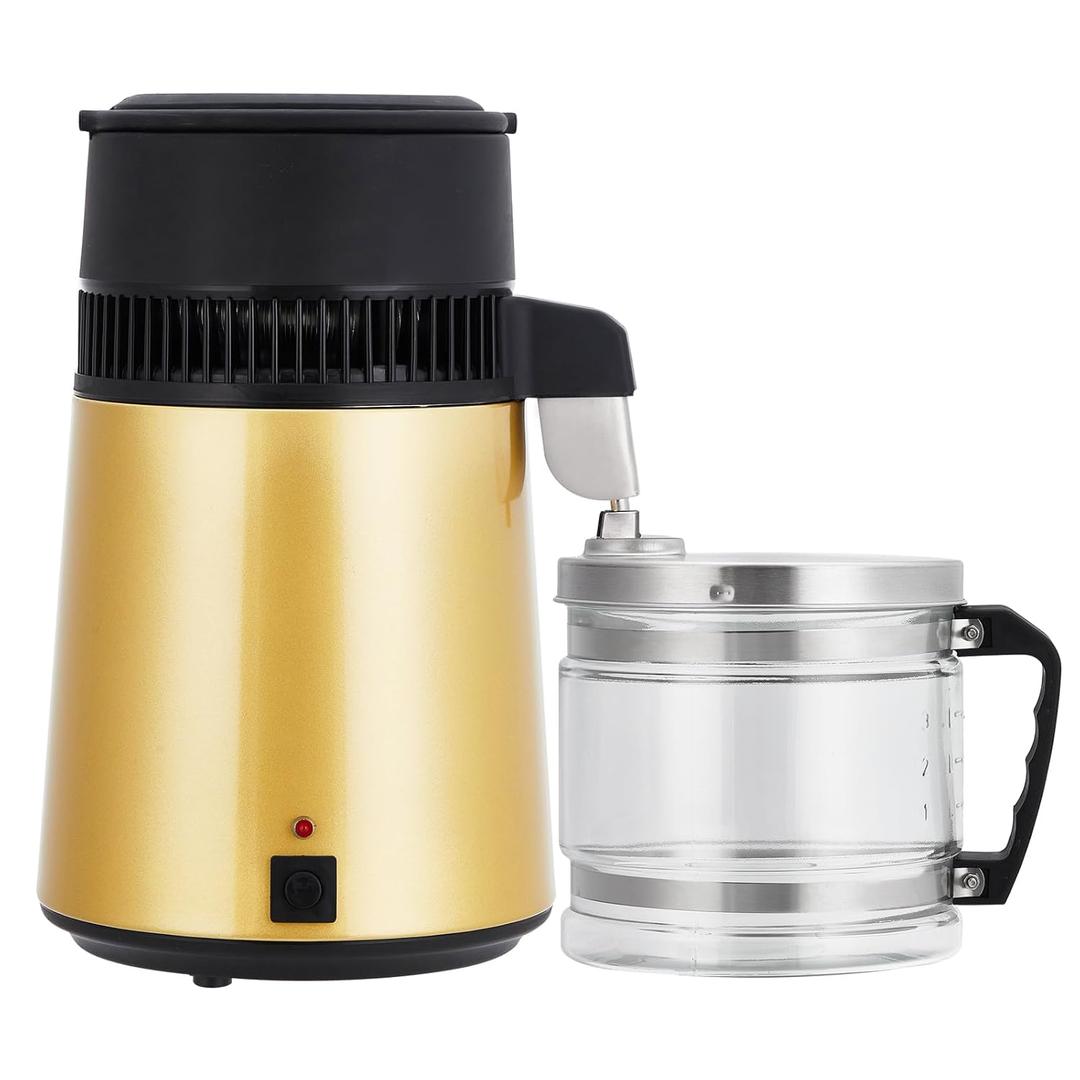 GarveeHome 4 L Stainless Steel Water Distiller, 1.1 gal Countertop Water Purifier That Reduces TDS, Distilled Water Machine with Glass Container, Ideal for Home, Office, Lab, and Aquarium Use Gold