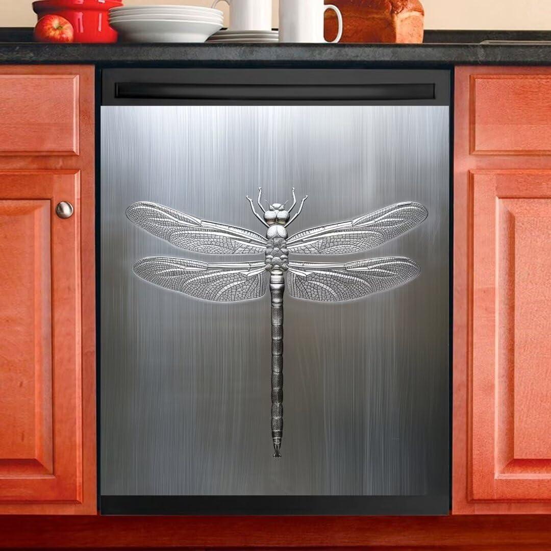 Stainless Steel Dragonfly Magnetic Sticker Dishwasher Cover Kitchen Decor,23x26inch Dishwasher Magnet Cover,Sliver Metal Dishwasher Decal,Refrigerator Panel,Magnetic Dishwasher Sticker