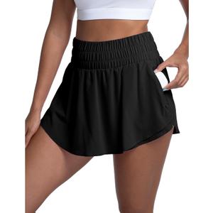LUCKYCATCUS Women's High Waisted Athletic Shorts Flowy Ruffle Skirt Front Workout Tennis Running Shorts for Women with Zipper Pocket Navy blue, M