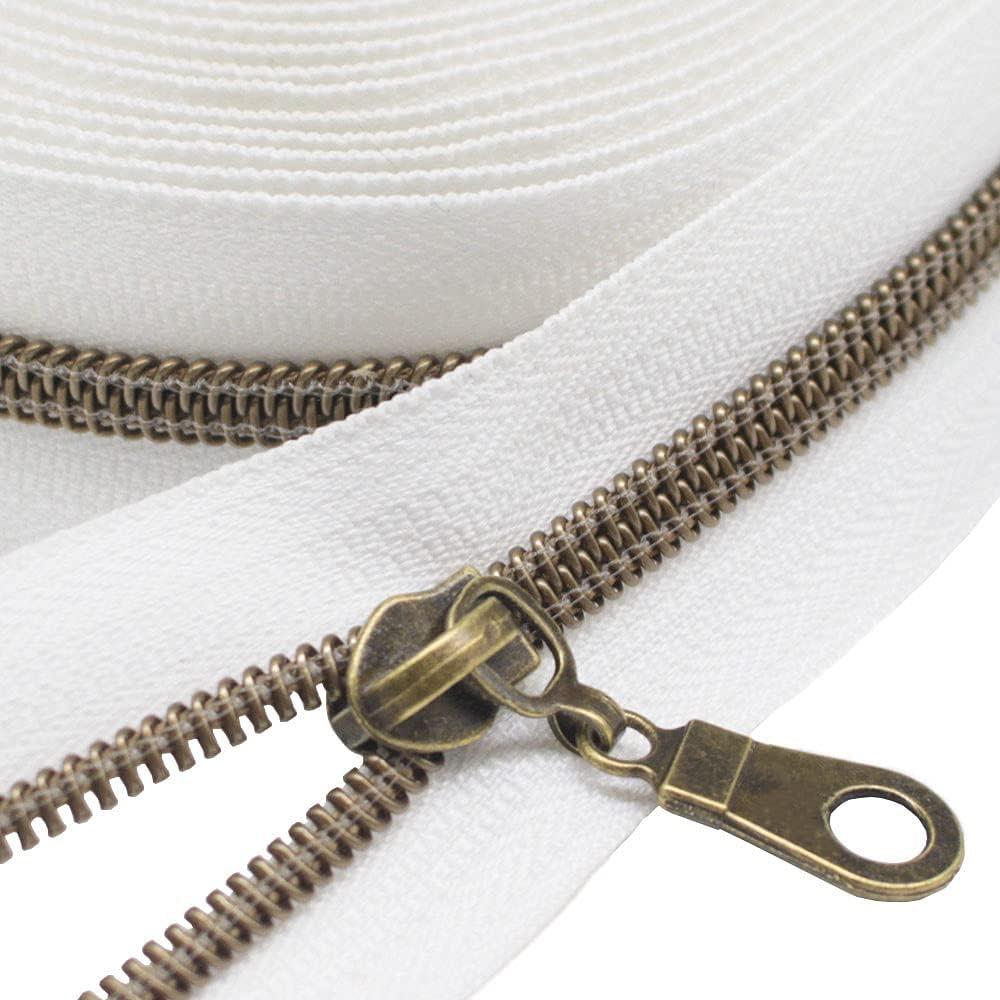 MebuZip #5 Antique Brass Metallic Nylon Coil Zippers by The Yard Bulk Coil Zipper Roll 10 Yards with 25pcs Pulls for DIY Sewing Craft Bags (White)