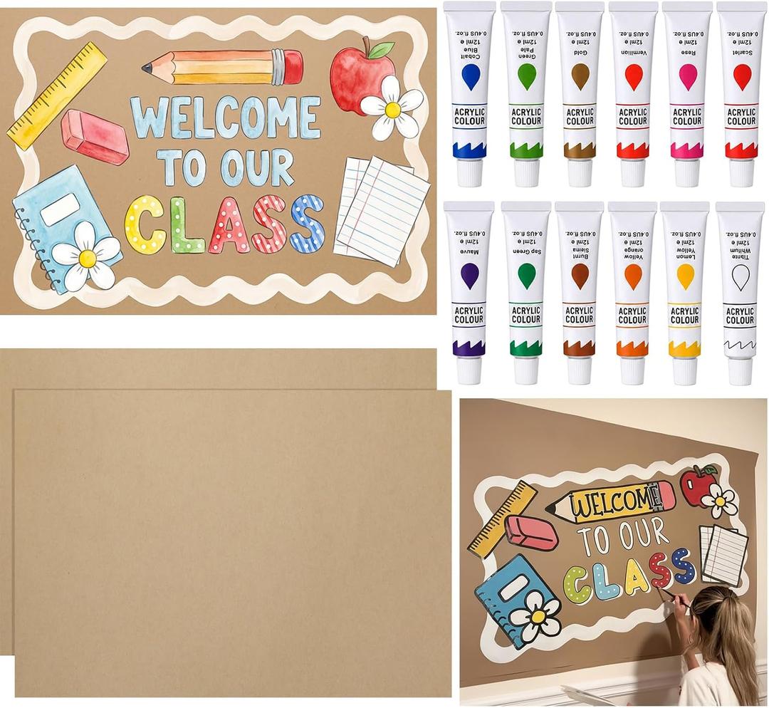 Geetery DIY Classroom Craft Set 2 Pcs 23.6" x 35.4" 160g Kraft Paper Roll with 12 Color Paint Kit DIY Bulletin Board Banner Decorations for Drawing Painting Classroom Back to School Teacher Supplies
