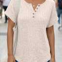 AUTOMET Women Tops Summer Sweaters Short Sleeve V Neck Henley Shirts Dressy Button Blouses (L)