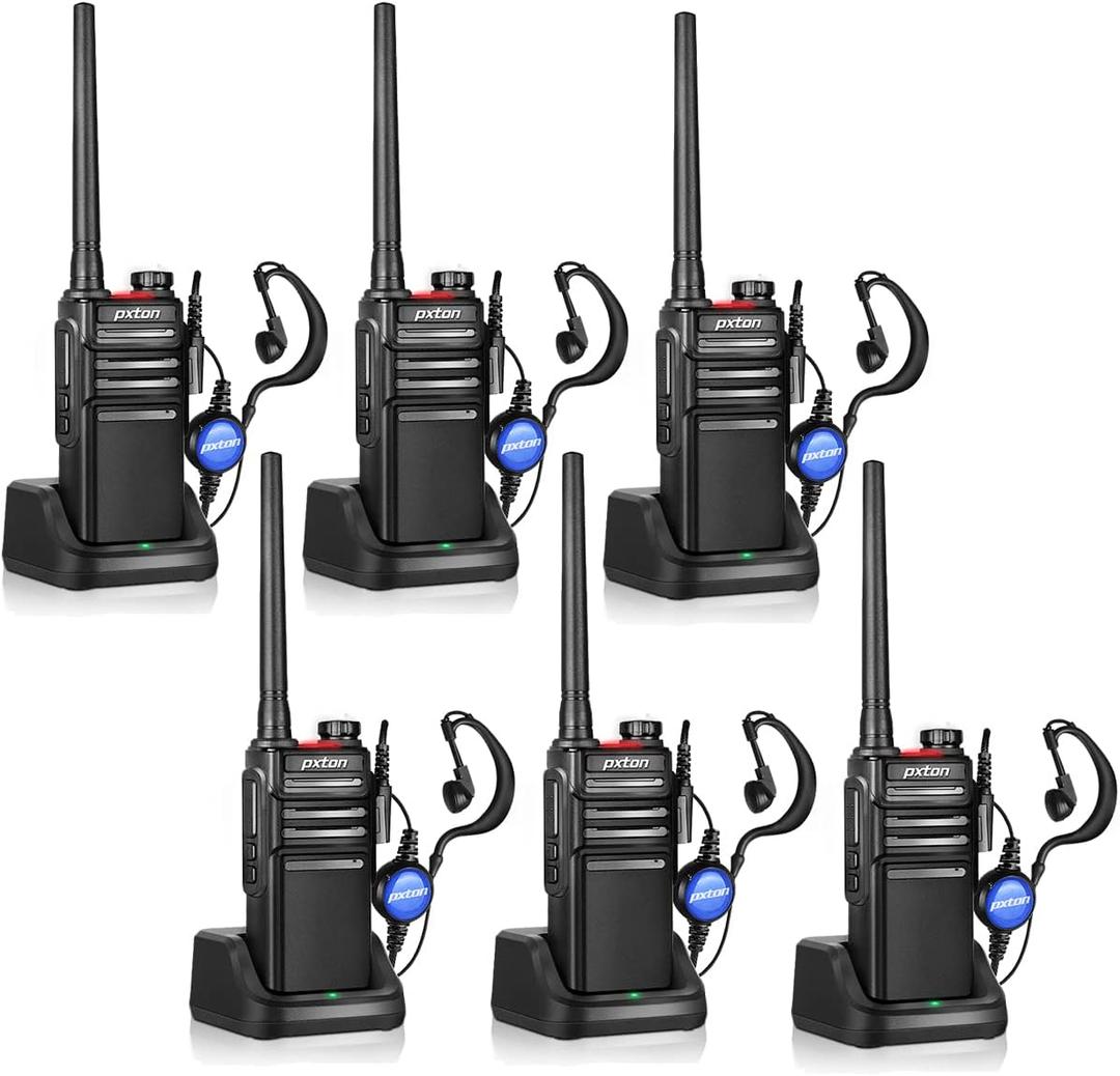 Pxton Waterproof walkie talkies Long Range for Adults, Work,and Outdoor with earpieces and Fast Charger DockHandheld Two Way Radio Rechargeable NOAA Walkie Talkie (6 Pack)