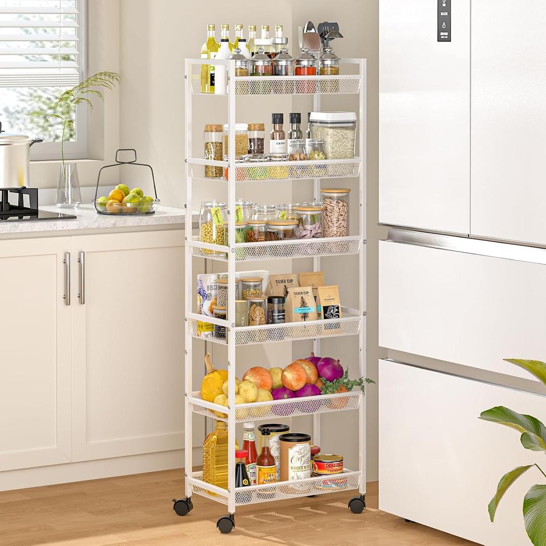 6 Tier Slim Rolling Storage Cart, Narrow Mobile Shelving Unit Organizer Utility Cart with Wheels, Metal Wire Storage Rack with Baskets for Kitchen, Bathroom, Laundry & Living Room, 10in(W) White