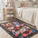 Floral Machine Washable Rug Black, 3x5 Rug Non Slip Soft Bedroom Rugs for Entryway Dorm, Ultra-Thin Rugs for Bedroom Stain Resistan(3 x 5, Black Garden)