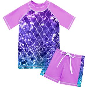 Lovekider Girls Swimsuits Two Piece Rash Guard Set Short Sleeve Bathing Suit Liner Swimwear with Sun Protection 3-12T (7-8 Years, A Mermaid Navy Purple)