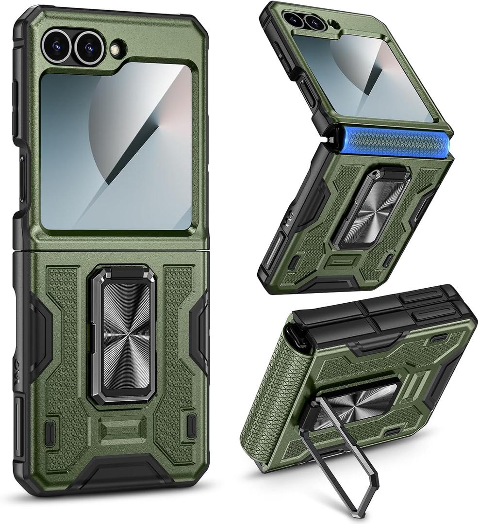 VEGO for Samsung Flip 6 Case with Hinge Protection, Built-in Screen Protector & 360 Magnetic Ring Stand Protective Phone Cover Drop Proof for Samsung Galaxy Z Flip 6 5G - Green