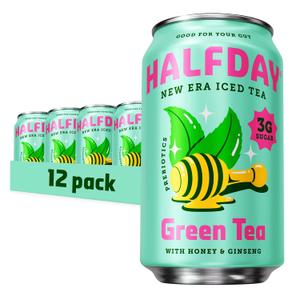 HALFDAY Prebiotic Green Tea with Honey & Ginseng, Supports Digestive & Gut Health, 6g Plant Fiber, Low Sugar, 30 Calories, Natural Caffeine, Gluten Free, 12 fl oz (12 pack) Packaging May Vary