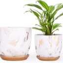 8 Inch Ceramic Plant pots (Set of 2), 8 Inch 7 Inch Modern Flower Planter, Gold Marble Gardening Pots with Drainage Hole and Saucer for Outdoor Indoor Yard Garden Home Office Decoration.