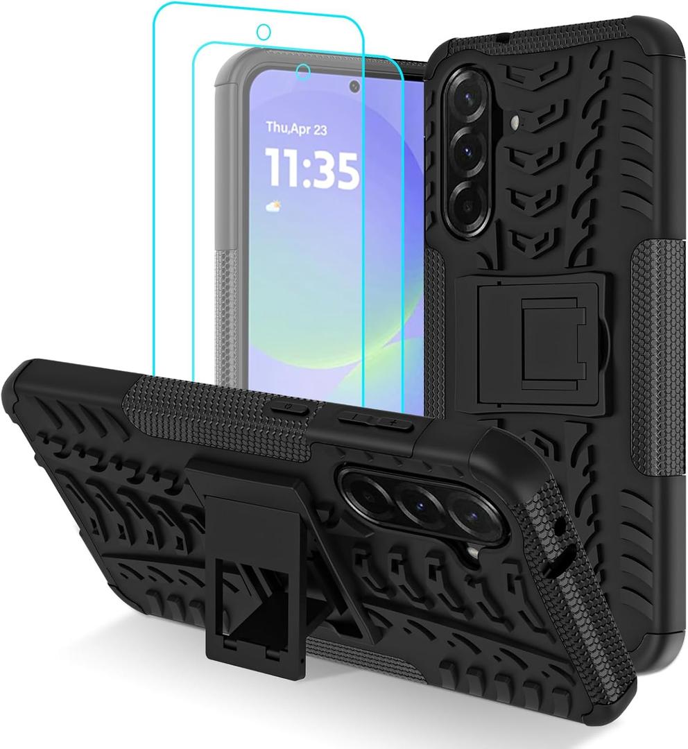 Samsung Galaxy A36 5G Case with 2 Pack Screen Protector, Military Grade Shockproof, Heavy Duty Robust Bumper Cover with Kickstand for Galaxy A36 5G Phone Case, Black