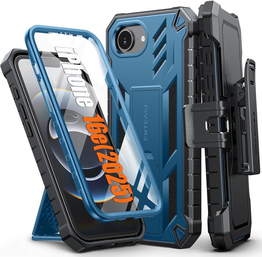FNTCASE for iPhone 16e 2025 Case: for iPhone 16E Military Grade Rugged Phone Cover with Kickstand & Holster | Shockproof TPU Protection Bumper Matte Textured Design | Heavy Duty Protector (Blue)