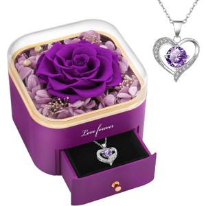 Beferr Gifts for Mom Preserved Real Rose with Necklace Eternal Roses Fresh Flowers for Delivery Prime Birthday Anniversary Purple Gifts for Women Mothers Grandma Wife Daughter Girlfriend Sister