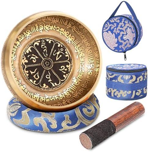 SHANSHUI 5 Inch Tibetan Singing Bowl, Nepal Antique Mantra Carving Hand Hammered Sound Bowl Set For Yoga Chakras Healing Meditation Zen With Leather Striker - Blue