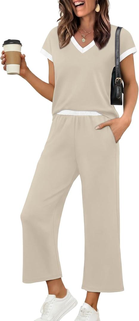 Sampeel Two Piece Sets for Women Lounge Sets Matching Sets Women Clothing Airport Travel Outfits Color Block (Beige, M)