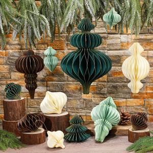 12 Pcs Christmas Large Hanging Honeycomb Balls Jumbo 3D Paper Christmas Tree Ornaments Decorative Lantern Honeycomb Decorations for Holiday Winter Xmas Party(Sage Green and Brown)