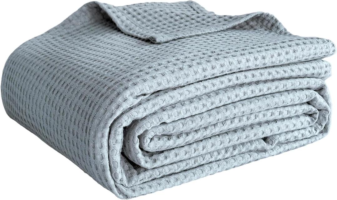 100% Cotton Waffle Weave Throw Blanket, Soft Lightweight Breathable Cozy Blankets for Bed Couch Home Décor All-Season Use (Dusty Blue, 40"x50")