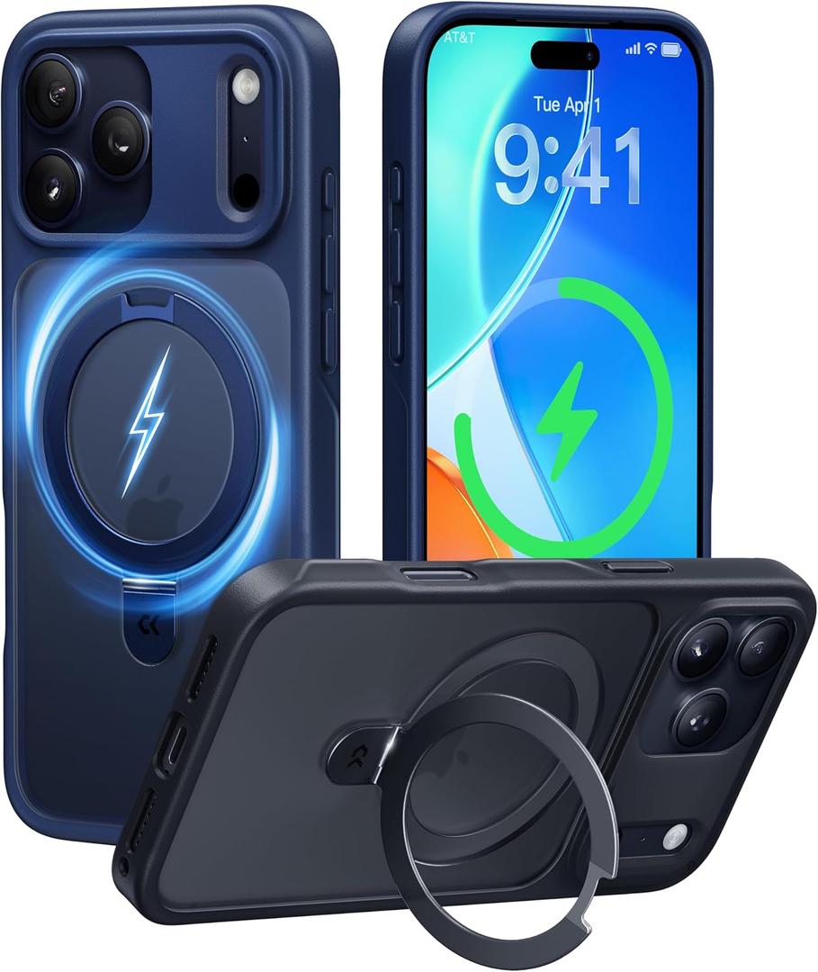 CASEKOO Ultra-Magnetic Stand for iPhone 17 Pro Max Case [Military Drop Protection] [Compatible with MagSafe] Translucent Shockproof Matte Slim Ring Holder Case for iPhone 17 ProMax 6.9", Deep Blue