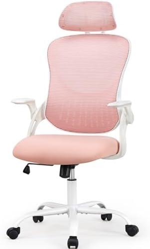 Office Chair, Comfortable Swivel Chair with high Back, Wheels, Adjustable headrest, Comfortable Lumbar Support, flip arm, Pink