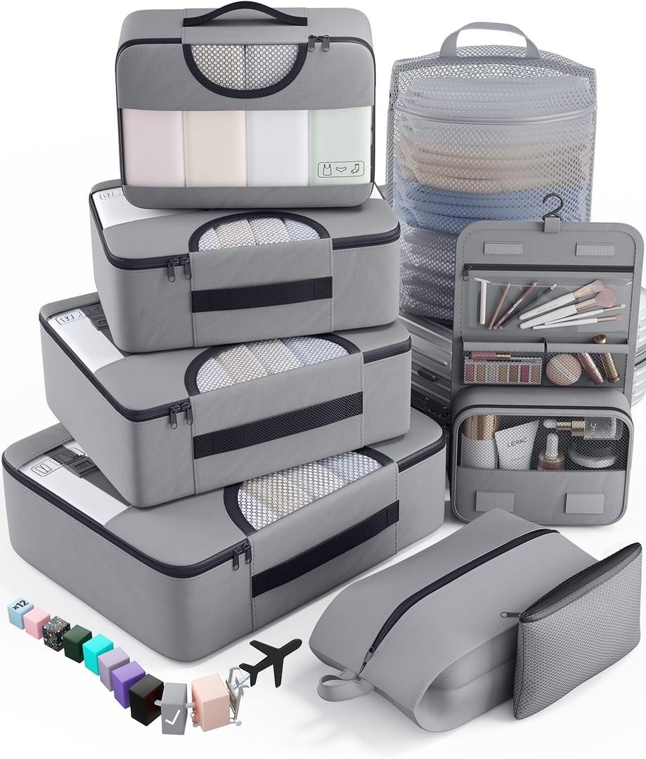 Veken 8 Set Packing Cubes for Travel Essentials, Suitcase Organizer Bags in 4 Sizes, Carry-On Luggage Accessories with Large Laundry & Hanging Toiletry Bag, Must-Have for Airplane, Road Trip & Camping (Dove Gray)