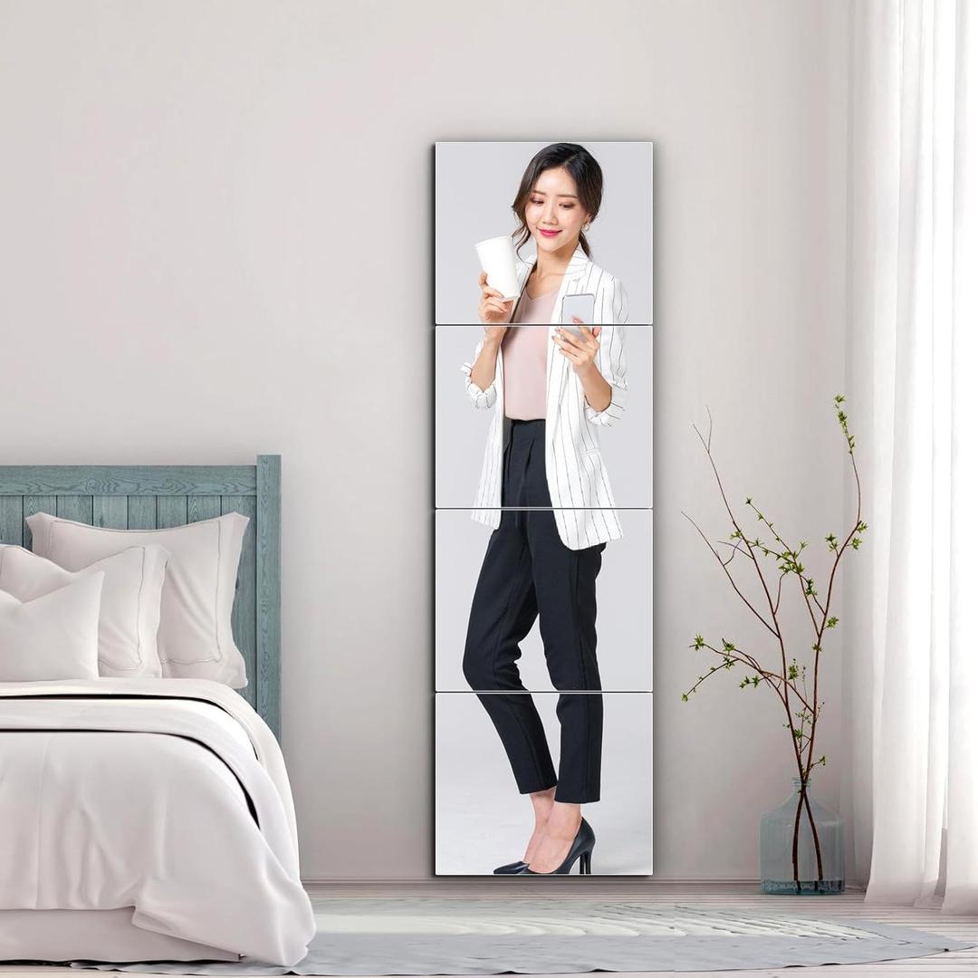 Shatterproof Full Length Mirror, Unbreakable Mirrors for Wall, Full Body Mirror for Kids, Thick 0.1", 4Pcs 12" x 12", Made of Frameless Plexiglass Acrylic Plastic, Wall Mounted for Home Gym, Bathroom