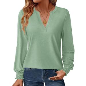 GKBK Womens Long Sleeve Shirts Fall Tops V Neck Business Dressy Casual Blouses with Smocked Cuffs (Green, L)