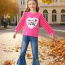 Kucnuzki Toddler Girl Clothes Cute Kids Clothes Long Sleeve Shirts Top Bell Bottom Denim Jeans Pants 2 Piece Matching Outfits (7-8 Years, Rose)