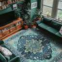 RELEANY Area Rugs 8'x10' Washable Non-Slip, Floral Vintage Distress Print Pattern Medallion Carpet for Living Room Bedroom Dining Room, Teal Green Lake Blue Turquoise